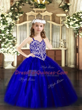 Superior Floor Length Royal Blue Little Girl Pageant Gowns Tulle Sleeveless Beading
