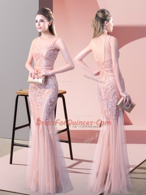 Scoop Sleeveless Floor Length Sequins Pink Tulle