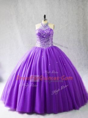 High Quality Purple Tulle Lace Up Sweet 16 Quinceanera Dress Sleeveless Floor Length Beading