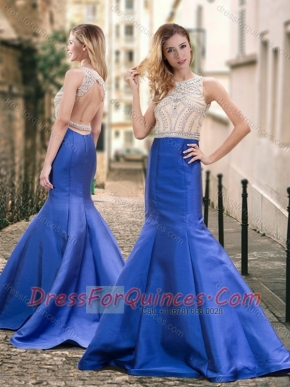 Mermaid Backless Beaded Royal Blue Prom Dress with Brush Train
