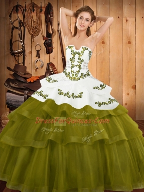 Sleeveless Tulle Sweep Train Lace Up Sweet 16 Dresses in Olive Green with Embroidery and Ruffled Layers