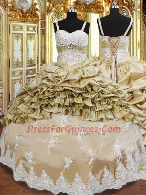 Suitable Champagne Sleeveless Floor Length Beading and Appliques and Ruffled Layers and Pick Ups Lace Up Quinceanera Dresses