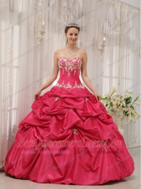 Coral Red Ball Gown Sweetheart Floor-length Taffeta Appliques Sweet 16 Dress