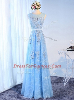 Simple Baby Blue A-line Beading and Lace and Appliques and Belt Prom Party Dress Zipper Tulle Sleeveless Floor Length
