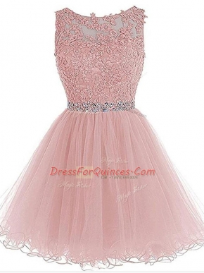 A-line Prom Dress Pink Scoop Organza Sleeveless Mini Length Zipper