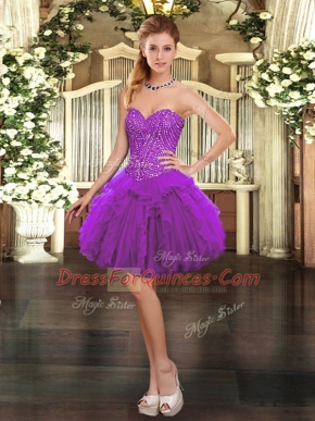 Deluxe Purple Ball Gowns Organza Sweetheart Sleeveless Beading and Ruffles Mini Length Lace Up Dress for Prom