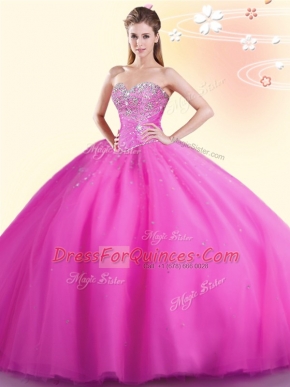 Sleeveless Floor Length Beading Lace Up Quince Ball Gowns with Hot Pink