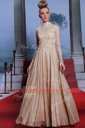 Custom Design Sleeveless Chiffon Floor Length Zipper Homecoming Dress in Peach with Beading and Sequins