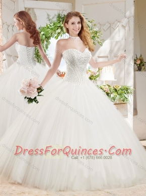 White Ball Gown Sweetheart Court Train Beaded Quinceanera Dress in Tulle