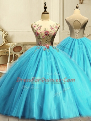 New Arrival Aqua Blue Lace Up Sweet 16 Dress Appliques and Sequins Sleeveless Floor Length