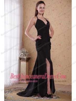 Black Column / Sheath Halter Brush Chiffon Ruch Prom Dress