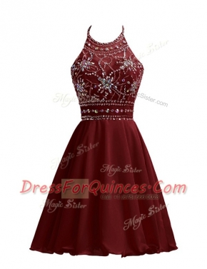 Halter Top Burgundy Zipper Prom Dresses Beading Sleeveless Knee Length