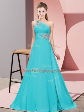 Vintage Aqua Blue Prom Dress Prom and Party and Military Ball with Beading One Shoulder Sleeveless Lace Up