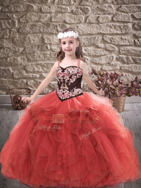 Embroidery and Ruffles Little Girls Pageant Dress Wholesale Red Lace Up Sleeveless Floor Length