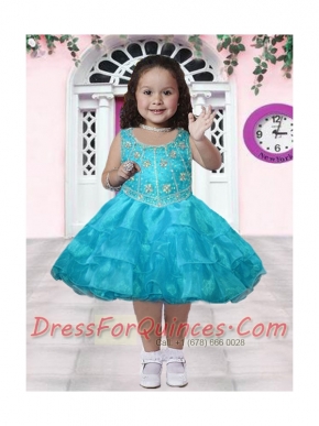 Aque Blue Scoop Knee-length Little Girl Dress with Embroidery