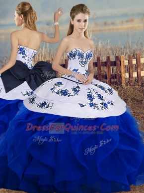 Enchanting Royal Blue Lace Up Sweet 16 Quinceanera Dress Embroidery and Ruffles and Bowknot Sleeveless Floor Length