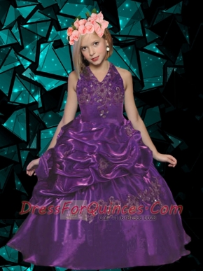 Beautiful Ball Gown Halter Top Little Girl Pageant Dress with Appliques in Purple