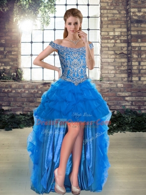 Inexpensive Off The Shoulder Sleeveless Tulle Prom Party Dress Beading and Pick Ups Lace Up