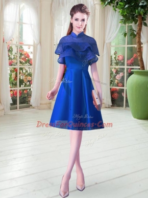Attractive Cap Sleeves Satin Knee Length Lace Up Prom Gown in Royal Blue with Ruffled Layers