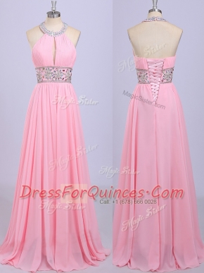 Ideal Halter Top Sleeveless Beading and Belt Zipper Prom Gown