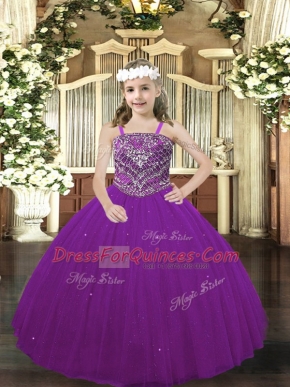 Purple Ball Gowns Beading Child Pageant Dress Lace Up Tulle Sleeveless Floor Length