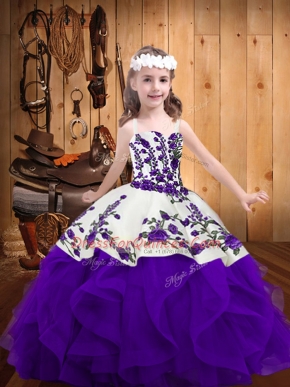 White And Purple Straps Neckline Embroidery and Ruffles Evening Gowns Sleeveless Lace Up