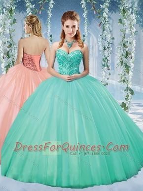 Discount Taffeta Beaded Puffy Skirt Quinceanera Gown in Turquoise