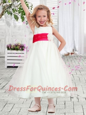 2014 Cheap A-Line Scoop Belt Flower Girl Dress with Tea-length