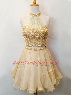 Fashion Champagne Lace Up Halter Top Beading Dama Dress Organza Sleeveless