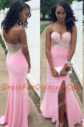 Fashionable Mermaid Sleeveless Chiffon Floor Length Backless Prom Party Dress in Rose Pink with Beading