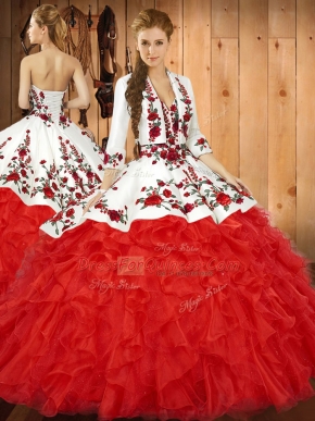Inexpensive Red Sweetheart Neckline Embroidery and Ruffles Sweet 16 Quinceanera Dress Sleeveless Lace Up