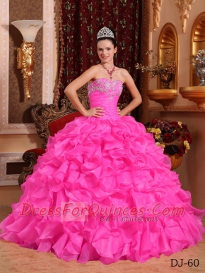 Strapless Organza Ruffles and Appliques Rose Pink Beading Ball Gown Dress