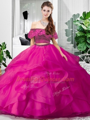 Hot Pink Tulle Lace Up Quinceanera Gown Sleeveless Floor Length Lace and Ruffles