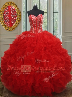 Ball Gowns 15 Quinceanera Dress Red Sweetheart Organza Sleeveless Floor Length Lace Up