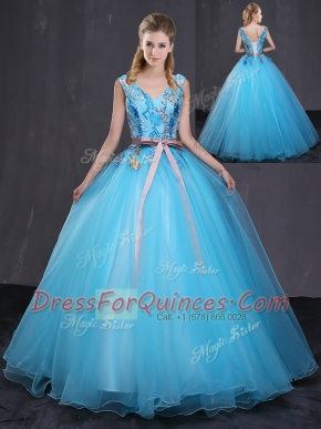 Appliques and Belt Sweet 16 Dress Blue Lace Up Sleeveless Floor Length