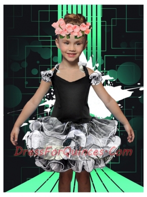 Sweet Ball Gown Halter Mini-length Ruffles Black and White Little Girl Dress
