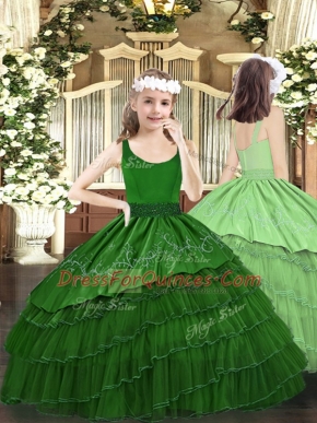 Dark Green Zipper Little Girls Pageant Gowns Beading and Embroidery and Ruffled Layers Sleeveless Floor Length