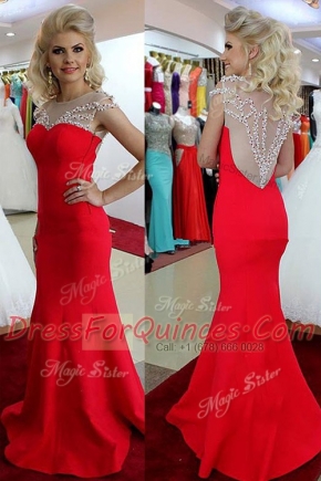 Delicate Mermaid Floor Length Red Prom Dress Scoop Sleeveless Side Zipper