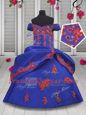 Clearance Royal Blue Child Pageant Dress Party and Wedding Party and For with Beading and Appliques Off The Shoulder Sleeveless Lace Up