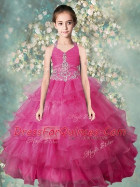 Chic Halter Top Sleeveless Organza Kids Pageant Dress Beading and Ruffled Layers Zipper