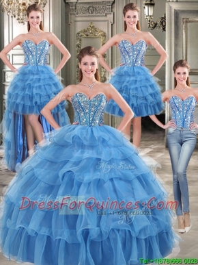 Modest Beaded and Ruffled Layers Detachable Quinceanera Dresses in Blue