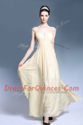 Ankle Length Zipper Evening Dress Champagne for Prom and Party with Lace