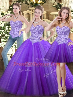 Stylish Eggplant Purple Ball Gowns Tulle Sweetheart Sleeveless Beading Floor Length Lace Up Quinceanera Dresses