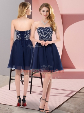 Navy Blue Chiffon Lace Up Prom Party Dress Sleeveless Mini Length Beading