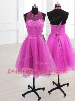 Elegant Fuchsia A-line Sequins Prom Party Dress Lace Up Organza Sleeveless Knee Length
