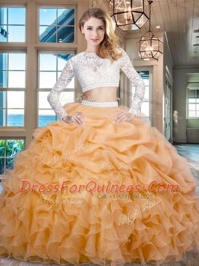 Stylish Gold Two Pieces Scoop Long Sleeves Organza Floor Length Zipper Beading and Lace and Ruffles Quinceanera Gowns
