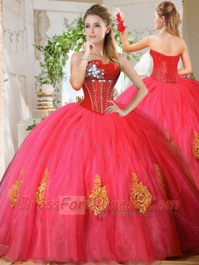 Romantic Beaded and Gold Applique Really Puffy Quinceanera Dress in Red
