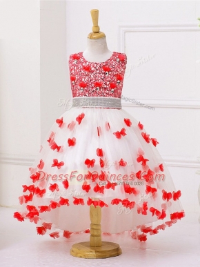 Excellent Sleeveless Tulle High Low Zipper Kids Pageant Dress in White And Red with Appliques and Sequins
