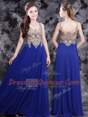 Romantic Royal Blue Scoop Neckline Appliques Prom Party Dress Sleeveless Side Zipper