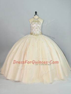 Floor Length Lace Up Sweet 16 Dress Champagne for Sweet 16 and Quinceanera with Beading